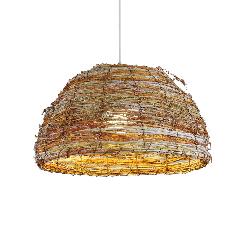 Chinese Rattan Dome Hanging Lamp - Flaxen 1-Head Pendant Light Fixture For Teahouse