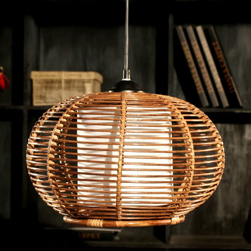 Coffee Pumpkin Rattan Hanging Lamp With Asian Influence 1 Head Ceiling Pendant Light And Tube-Styled