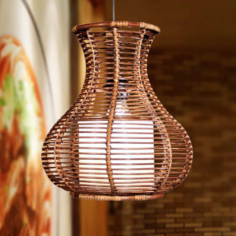 Gourd Hanging Light: Chinese Bamboo Pendant Fixture (1 Head Brown) - Ideal For Living Room