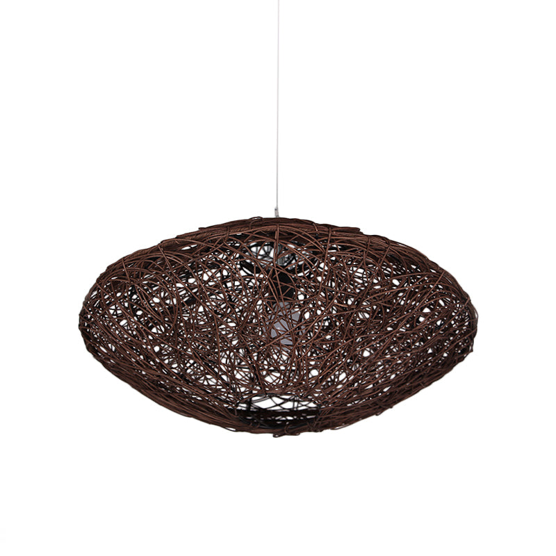 1-Head Asian Teahouse Hanging Light - Black/White Pendant Lighting Fixture With Rattan Lantern Shade