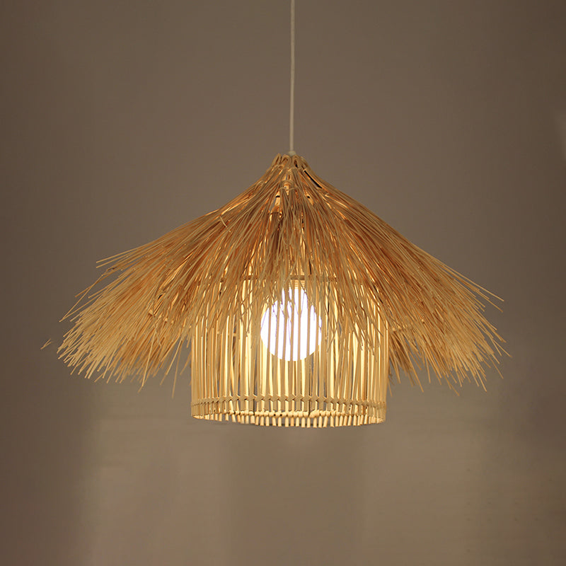 Handcrafted Asian Bamboo Pendant Light Fixture In Coffee/Flaxen Shade