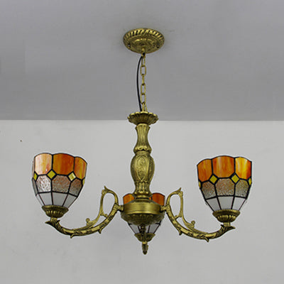 Vintage Brass Dome Chandelier Light With Adjustable Chain - 3 Lights Hanging In