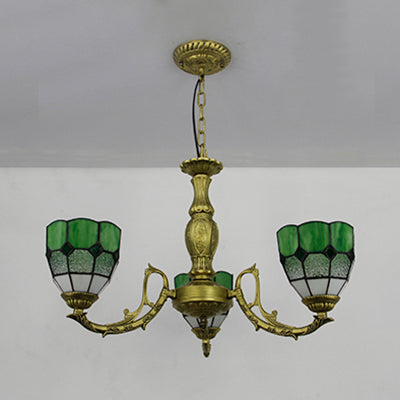 Vintage Adjustable Chain Brass Dome Chandelier Light with 3 Lights in Multi-Colored Tones