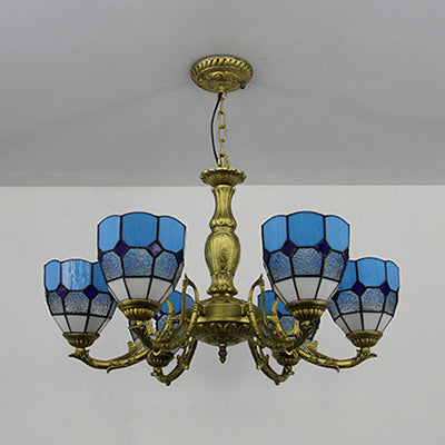 Lustre en forme de dôme en vitrail vintage avec 6 lumières colorées