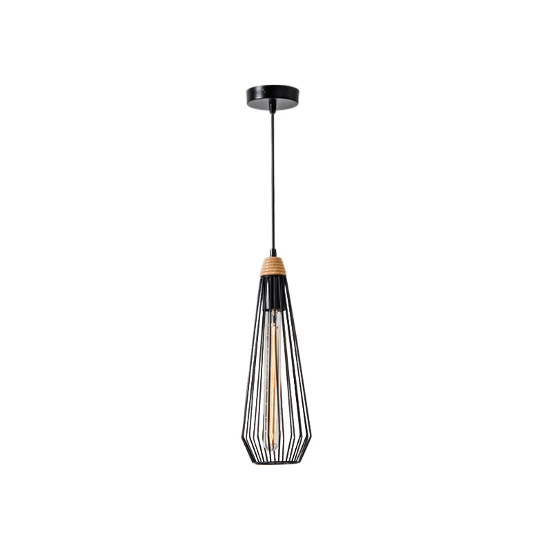 Suspension moderne en forme de cage géométrique noire/blanche avec capuchon en bois - Parfait pour la chambre