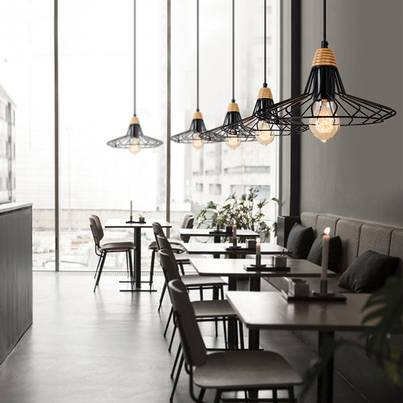 Vintage Black/White Wire Cage Hanging Lamp - 1-Light Pendant Fixture for Restaurant with Wooden Cap