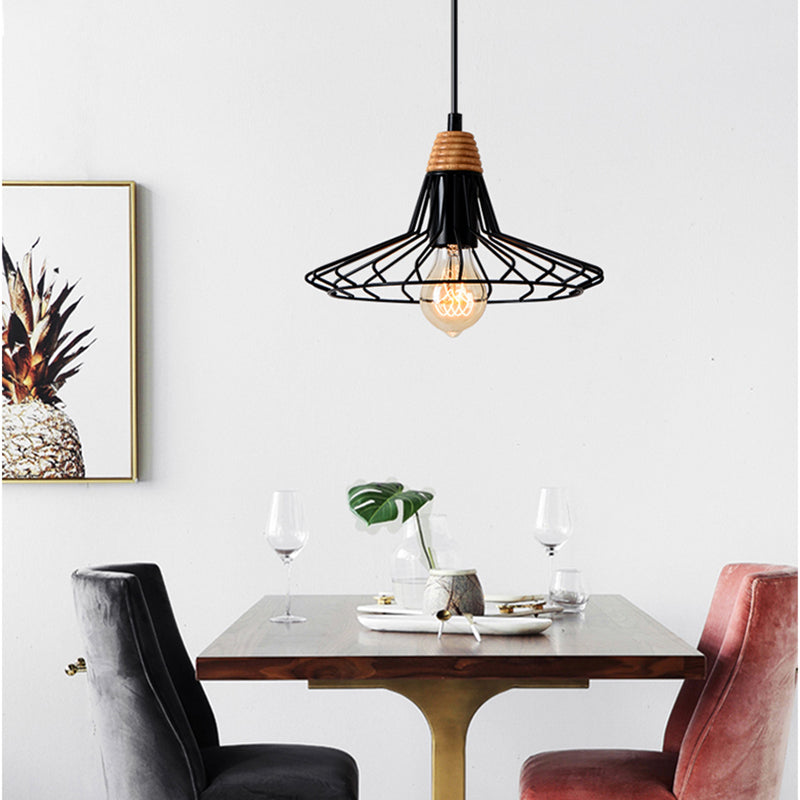 Vintage Black/White Wrought Iron Pendant Light - 1-Light Flared Wire Cage Hanging Lamp With Wooden