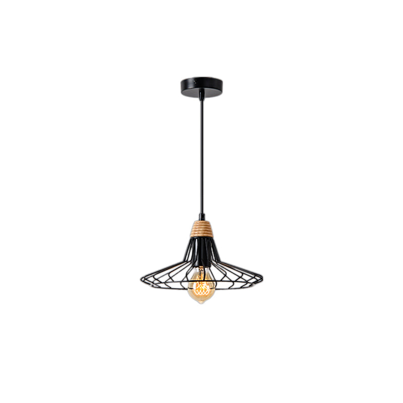 Vintage Black/White Wrought Iron Pendant Light - 1-Light Flared Wire Cage Hanging Lamp With Wooden