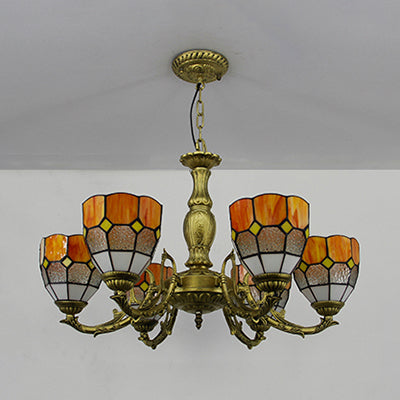 Lustre en forme de dôme en vitrail vintage avec 6 lumières colorées