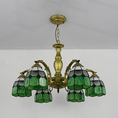 Lustre en forme de dôme en vitrail vintage avec 6 lumières colorées
