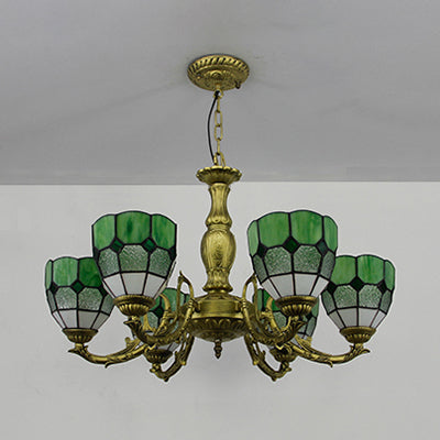 Lustre en forme de dôme en vitrail vintage avec 6 lumières colorées