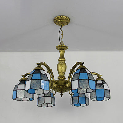Lustre en forme de dôme en vitrail vintage avec 6 lumières colorées
