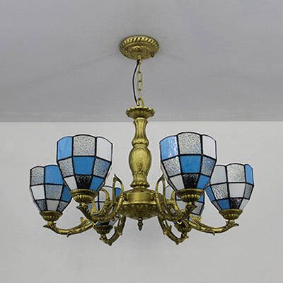 Lustre en forme de dôme en vitrail vintage avec 6 lumières colorées