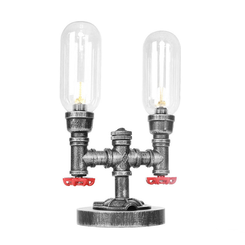Clear/Amber Glass Antique Silver 2-Light Industrial Desk Lamp With Capsule Shade - Perfect For