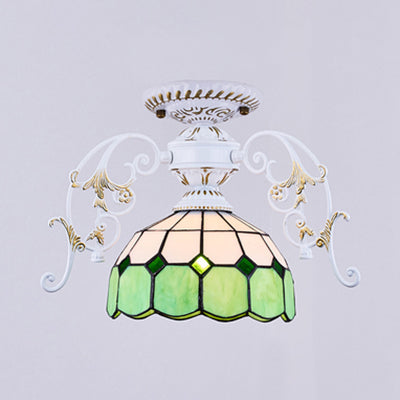 Domed Semi Flush Grid Stained Glass Ceiling Light - Black/White
