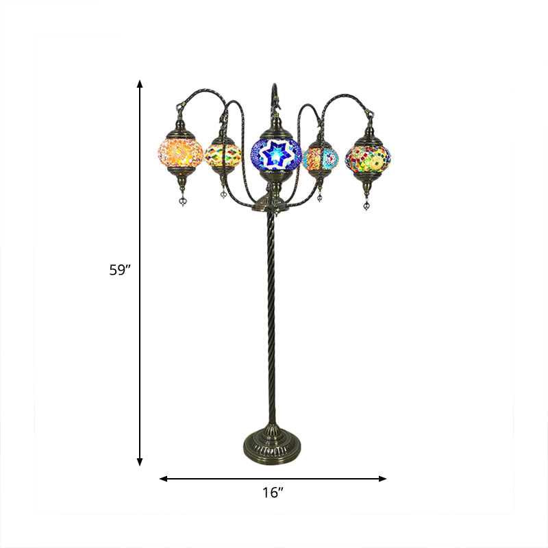 Vintage Stained Glass Curved Arm Floor Lamp - Yellow/Blue 5-Head Standing Light For Reading