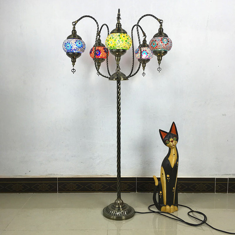 Vintage Stained Glass Curved Arm Floor Lamp - Yellow/Blue 5-Head Standing Light For Reading Yellow