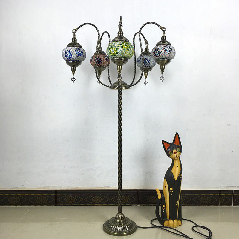 Vintage Stained Glass Curved Arm Floor Lamp - Yellow/Blue 5-Head Standing Light For Reading