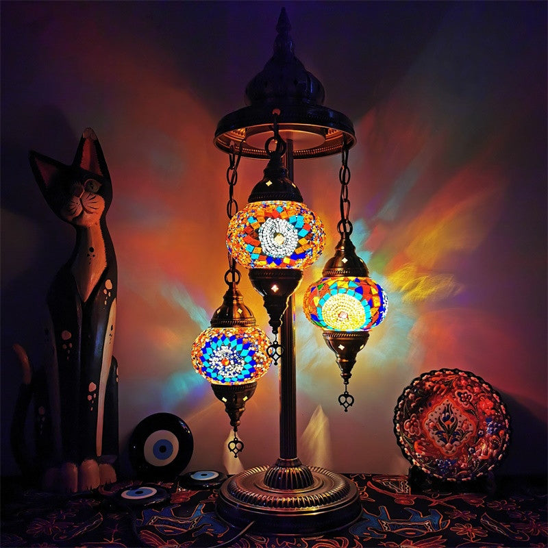 Vintage Stained Glass Floor Reading Lamp With 3 Heads - Blue/Orange And Yellow/White White-Yellow