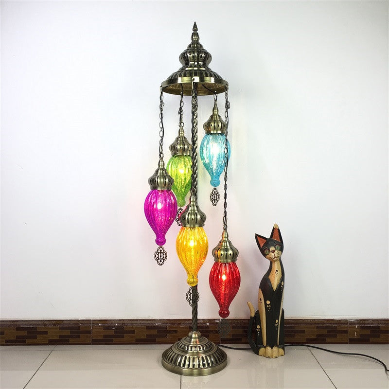 Traditional Brass 5-Light Standing Floor Lamp With Ribbed Glass Teardrop Shades For Living Room