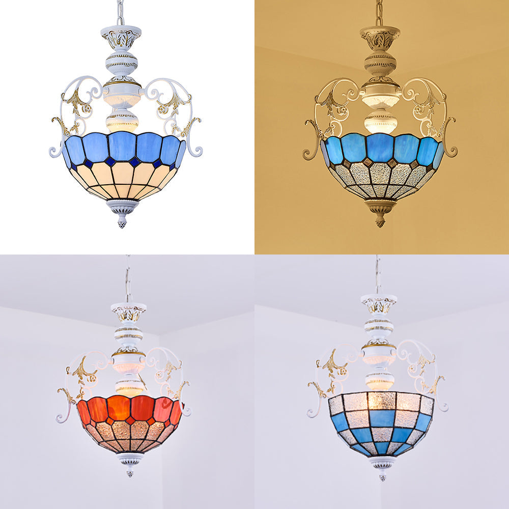 Lampe suspendue de style Tiffany avec finition blanche et accents en verre teinté, diamant et carré bleu/rouge - Lampe suspendue à 2 ampoules