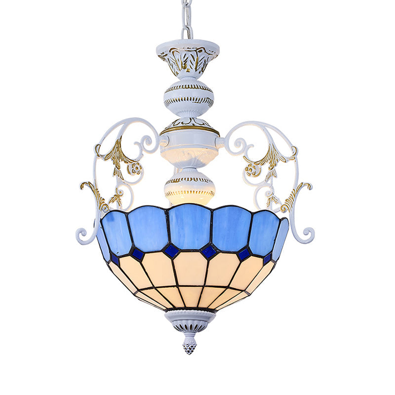 Lampe suspendue de style Tiffany avec finition blanche et accents en verre teinté, diamant et carré bleu/rouge - Lampe suspendue à 2 ampoules