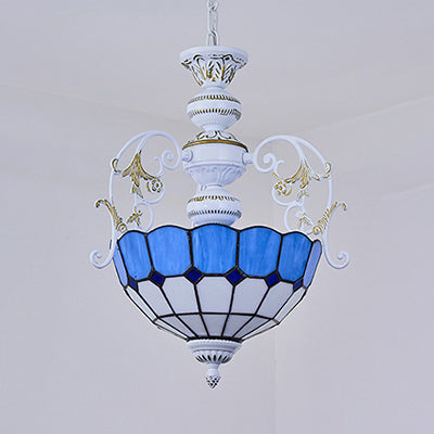 Lampe suspendue de style Tiffany avec finition blanche et accents en verre teinté, diamant et carré bleu/rouge - Lampe suspendue à 2 ampoules