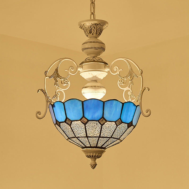 Lampe suspendue de style Tiffany avec finition blanche et accents en verre teinté, diamant et carré bleu/rouge - Lampe suspendue à 2 ampoules
