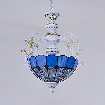 Lampe suspendue de style Tiffany avec finition blanche et accents en verre teinté, diamant et carré bleu/rouge - Lampe suspendue à 2 ampoules