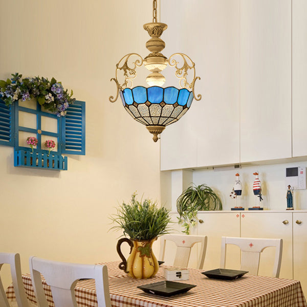 Lampe suspendue de style Tiffany avec finition blanche et accents en verre teinté, diamant et carré bleu/rouge - Lampe suspendue à 2 ampoules