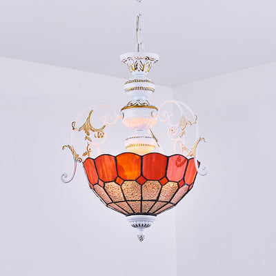Lampe suspendue de style Tiffany avec finition blanche et accents en verre teinté, diamant et carré bleu/rouge - Lampe suspendue à 2 ampoules