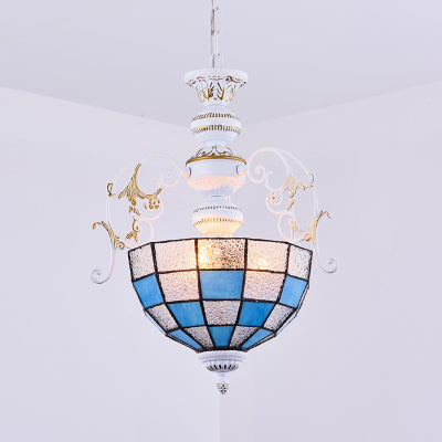 Lampe suspendue de style Tiffany avec finition blanche et accents en verre teinté, diamant et carré bleu/rouge - Lampe suspendue à 2 ampoules