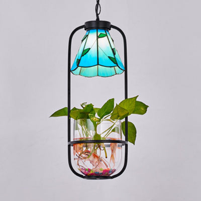 Tiffany-Style Blue/Beige Cone Pendant Light Fixture: Stylish Hand-Cut Glass Ceiling Lamp with Planting