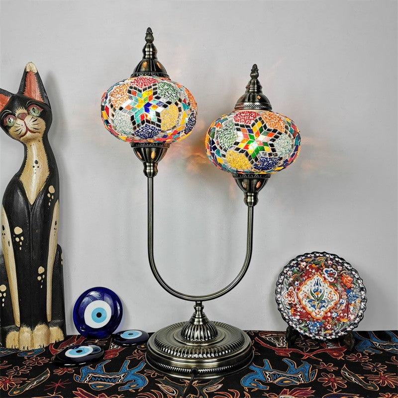 Vintage Glass Desk Lamp With 2 Elliptical Hand-Cut Heads For Bedroom Nightstand In