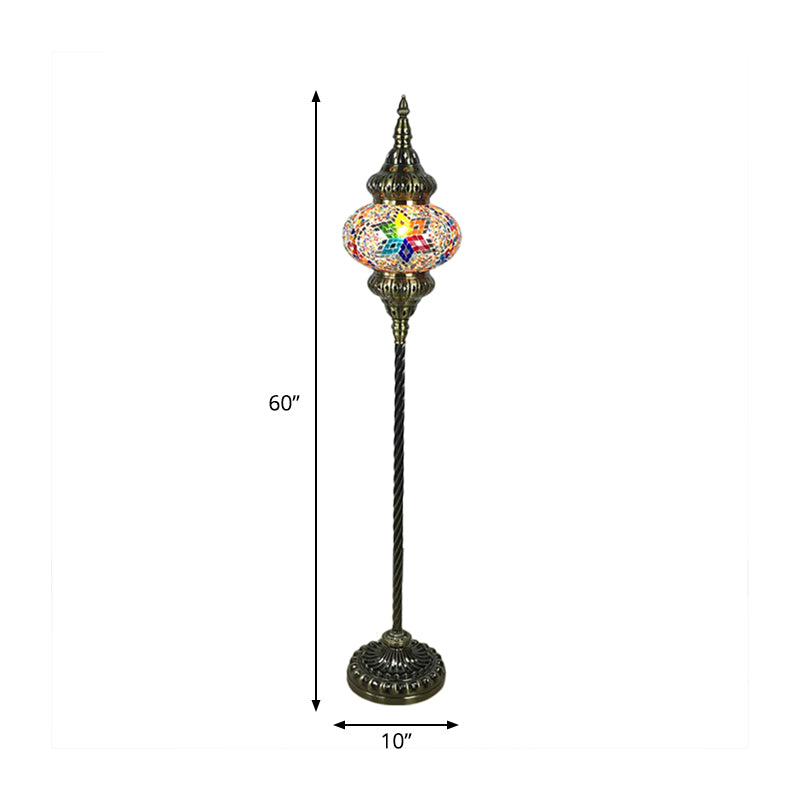 Traditional Stained Glass Oval Standing Lamp - 1 Head Living Room Floor Light In Red/Yellow/Blue