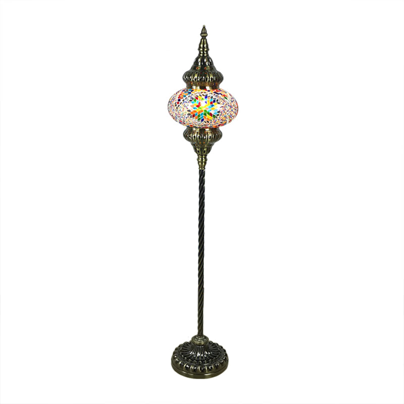 Traditional Stained Glass Oval Standing Lamp - 1 Head Living Room Floor Light In Red/Yellow/Blue