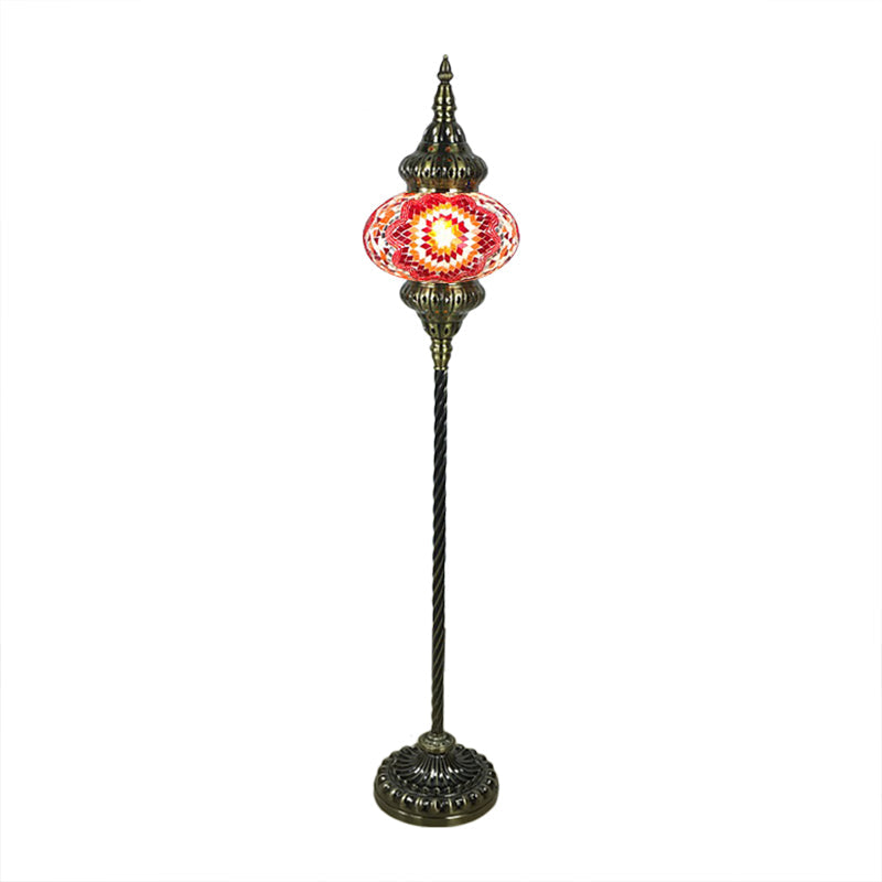 Traditional Stained Glass Oval Standing Lamp - 1 Head Living Room Floor Light In Red/Yellow/Blue