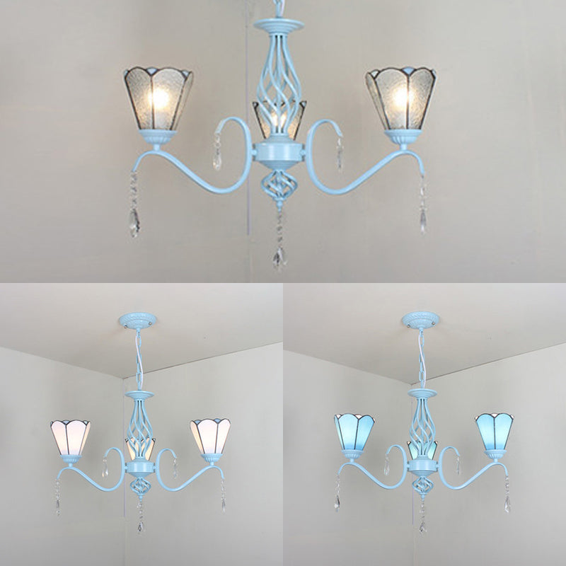 Lustre de hall d'entrée traditionnel en vitrail - Lustre de plafond conique à 3 lumières avec accents en cristal, blanc/bleu/transparent