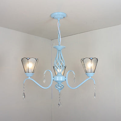 Lustre de hall d'entrée traditionnel en vitrail - Lustre de plafond conique à 3 lumières avec accents en cristal, blanc/bleu/transparent