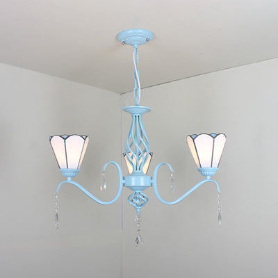 Lustre de hall d'entrée traditionnel en vitrail - Lustre de plafond conique à 3 lumières avec accents en cristal, blanc/bleu/transparent