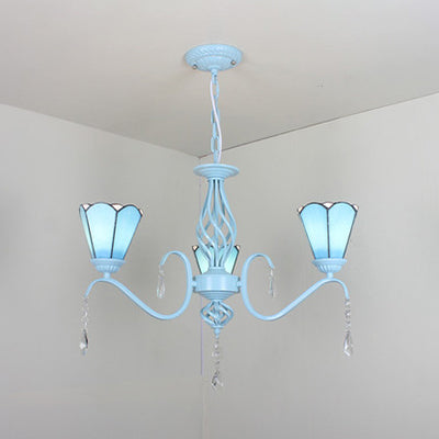 Lustre de hall d'entrée traditionnel en vitrail - Lustre de plafond conique à 3 lumières avec accents en cristal, blanc/bleu/transparent