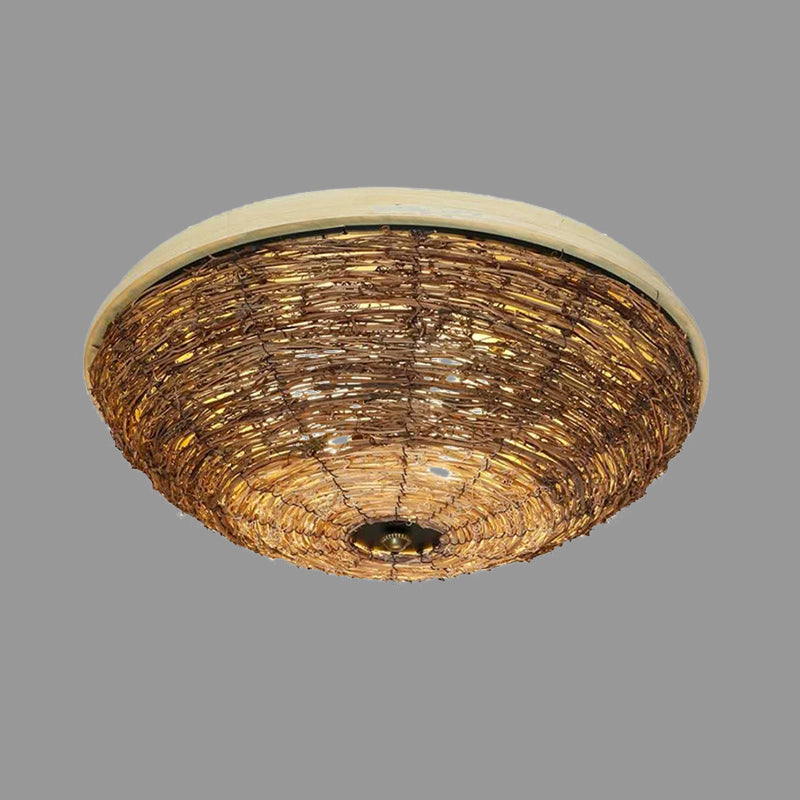 Bowl Rattan Shade Asian Brown Flush Mount Ceiling Light with 3 Bulbs for Dining Room