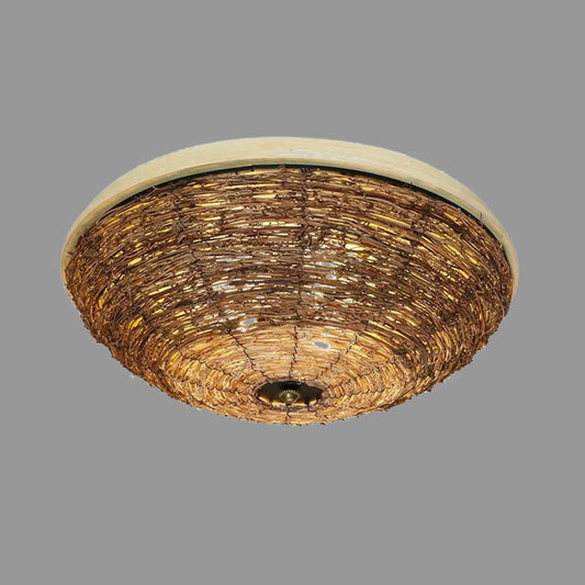 Bowl Rattan Shade Asian Brown Flush Mount Ceiling Light with 3 Bulbs for Dining Room