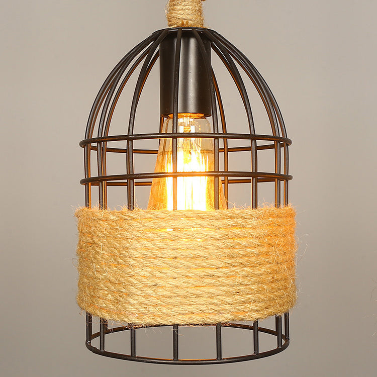 Industrial Birdcage Pendant Light – Black with Rope, 3/5 Bulbs for Lofts & Restaurants