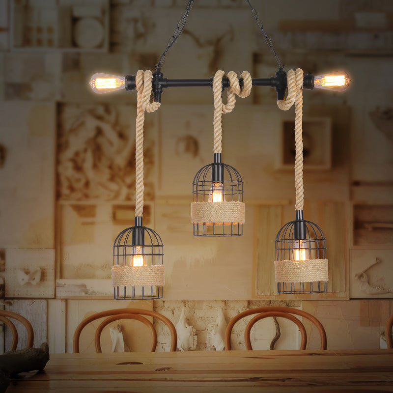 Industrial Birdcage Pendant Light – Black with Rope, 3/5 Bulbs for Lofts & Restaurants