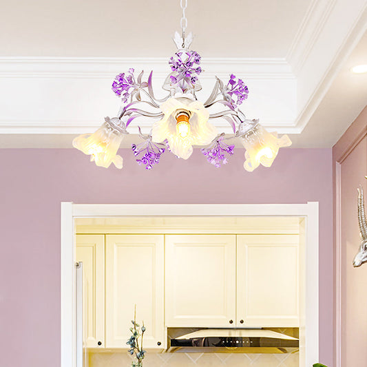 White Glass Floral Chandelier - Elegant Hanging Pendant Light Fixture For Living Room 3/5/7 Led