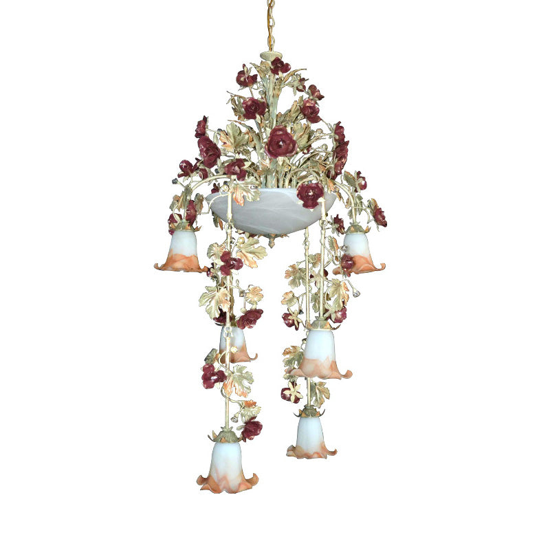 Blossom White Chandelier With 10 Led Bulbs - Elegant Bedroom Lighting In Pink/Red