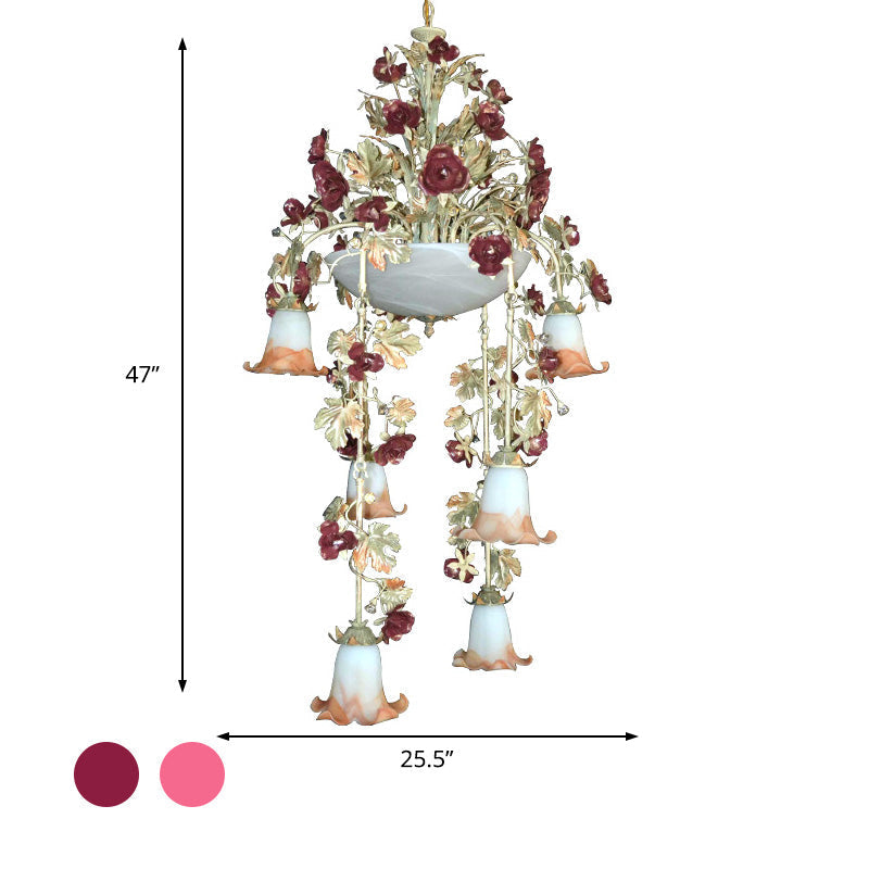 Blossom White Chandelier With 10 Led Bulbs - Elegant Bedroom Lighting In Pink/Red