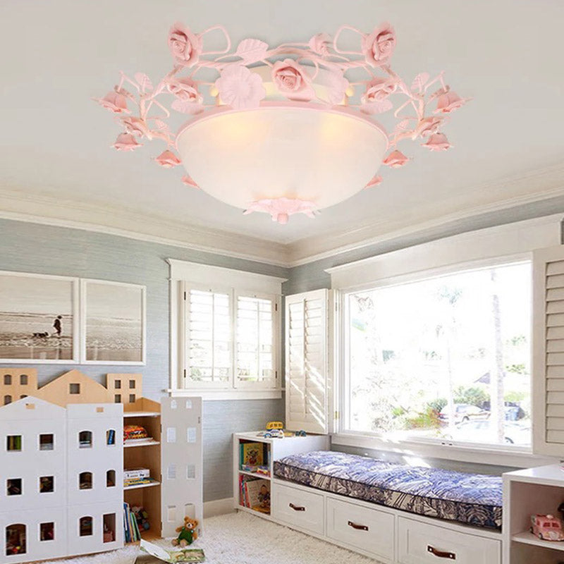 Bowl Ceiling Light with Opal Glass and LED in White/Pink for Living Room
