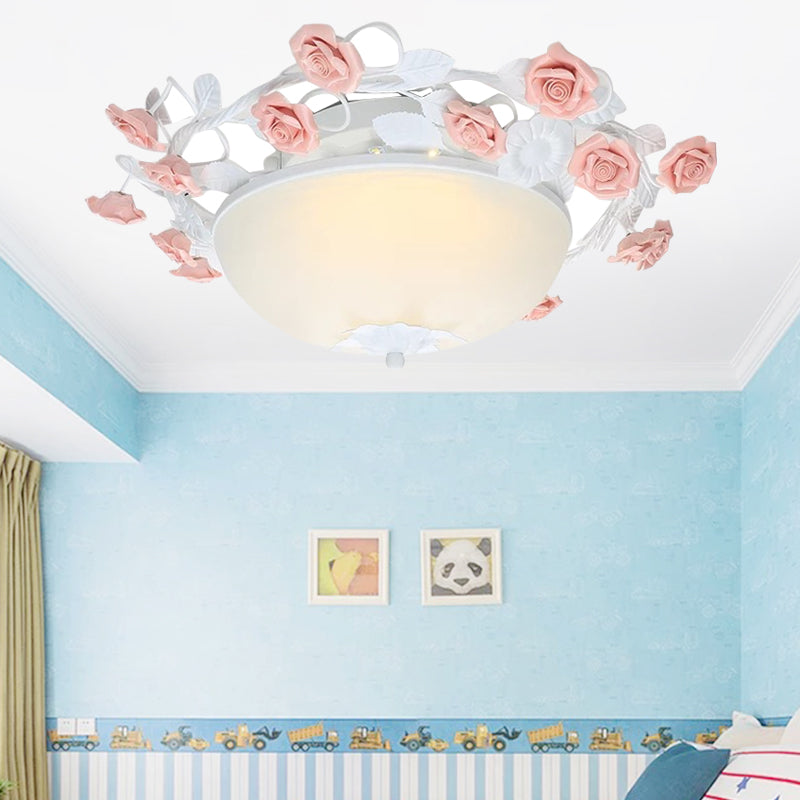 Bowl Ceiling Light with Opal Glass and LED in White/Pink for Living Room